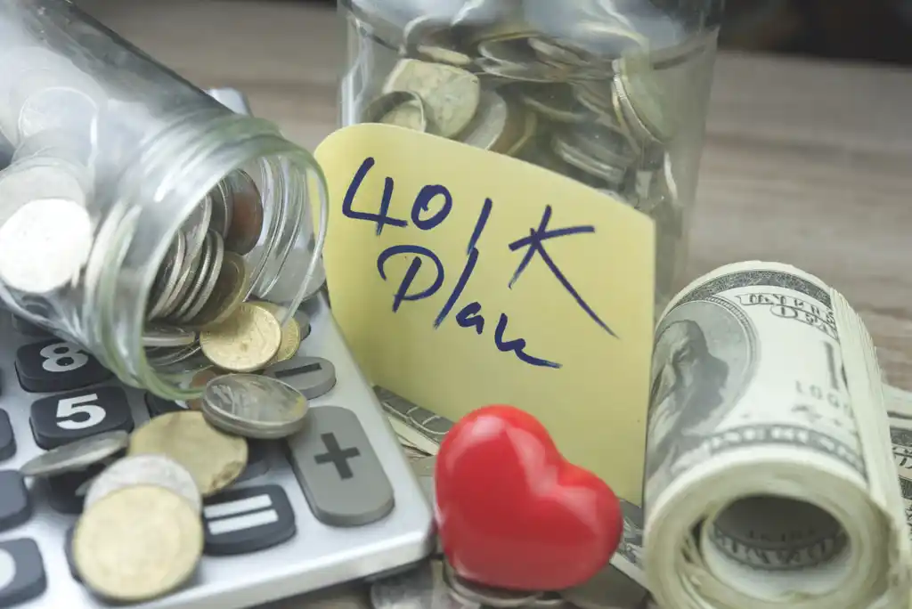 401K Savings Coin Jar and Money Stack