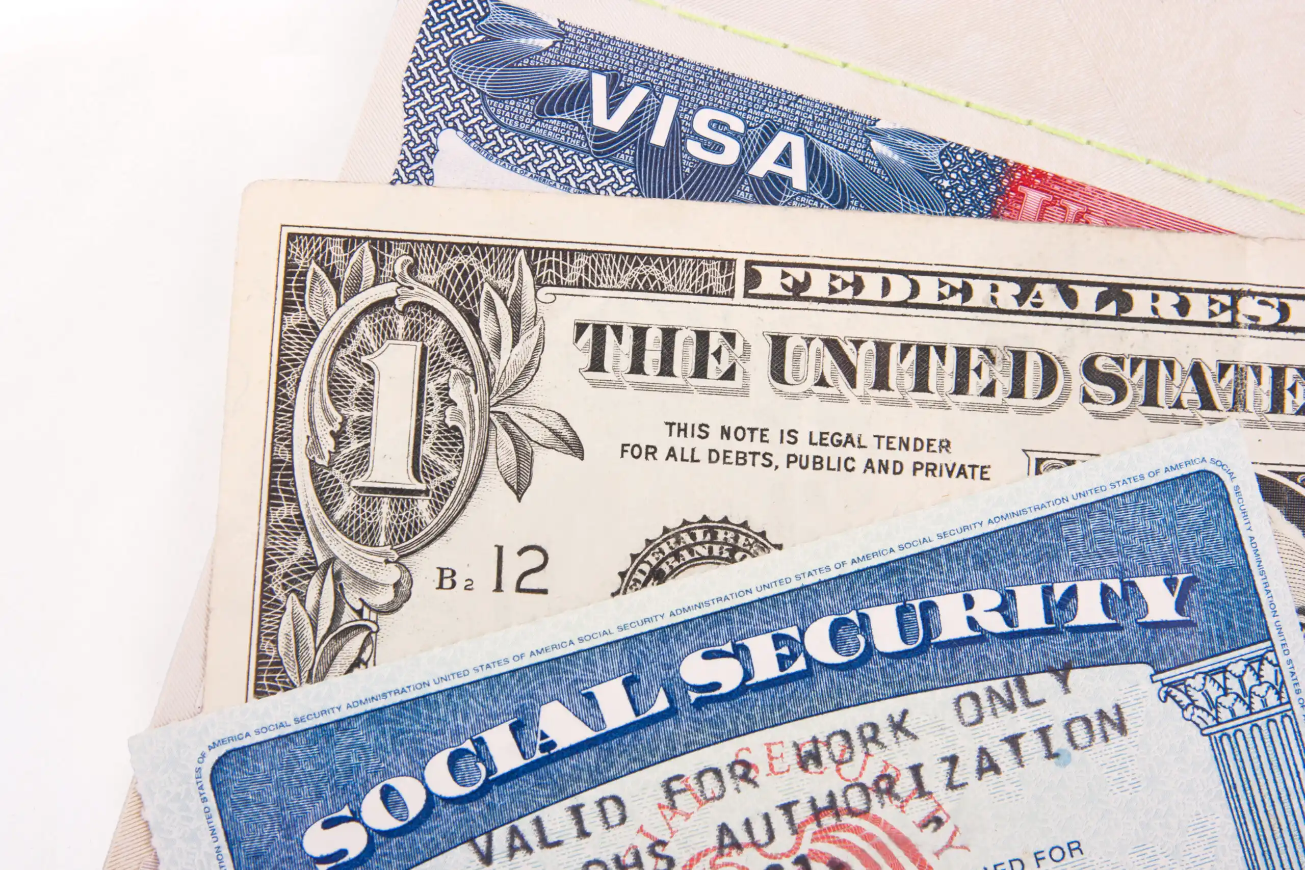 Visa, Social Security Card and Dollar Bill